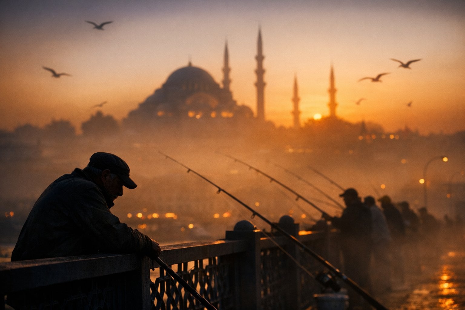 A cinematic silhouette shot of local fishermen lining the Galata Brid…