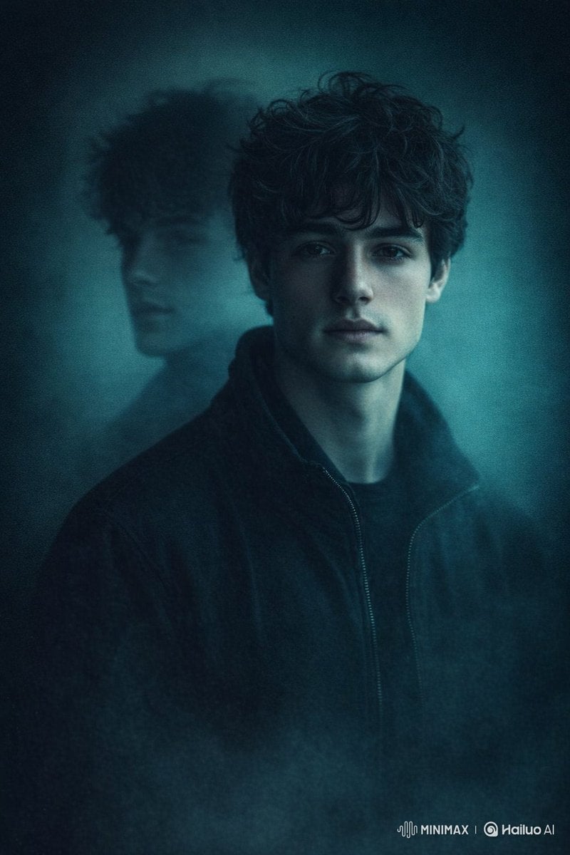 moody cinematic portrait of a man in dark jacket, front facing but sl…