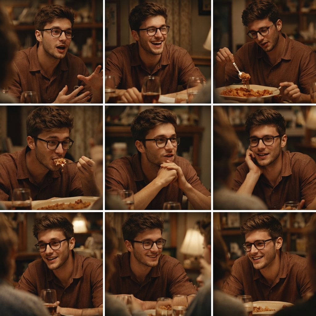 A 3x3 grid storyboard contact sheet comprised of nine candid, cinemat…