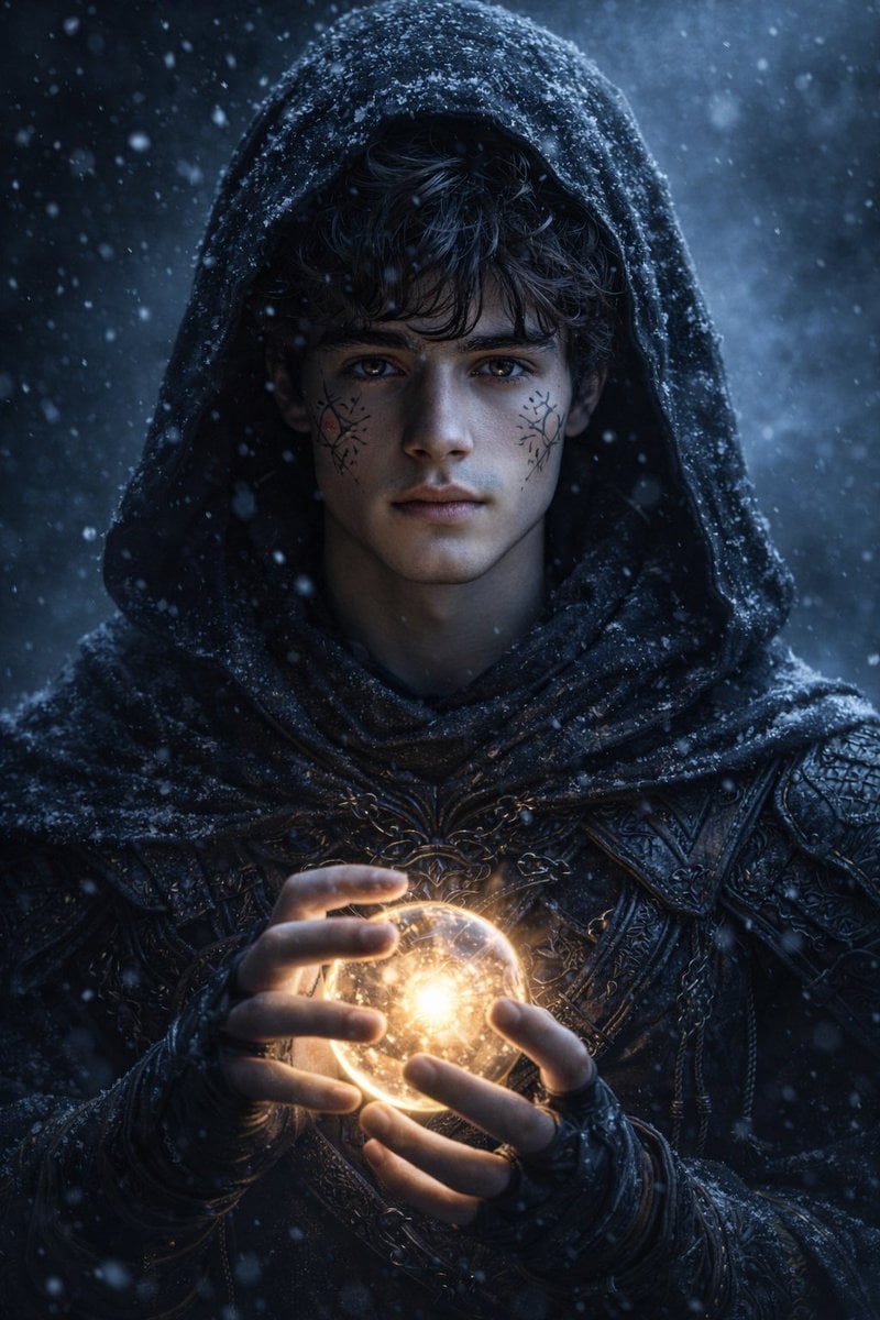 Hyperrealistic dark fantasy portrait of a mysterious hooded mage stan…