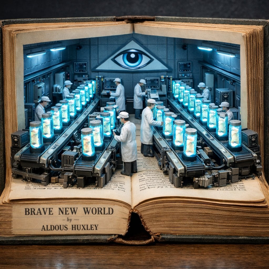 Surreal diorama emerging from an open vintage book of "Brave New World" by Aldous Huxley: the pages form a fu…