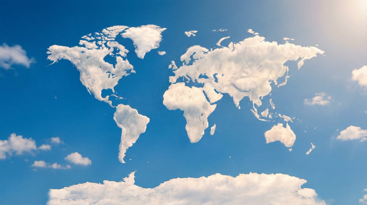A photorealistic image of a cloud in the sky, uniquely shaped like all the continents of the world, with clea…