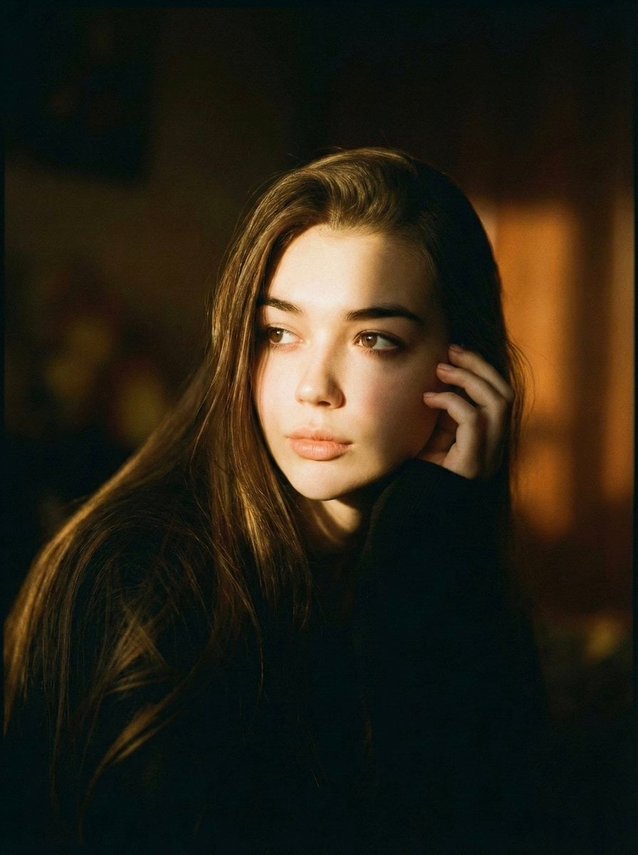 A cinematic portrait of a person is sitting in soft dramatic lighting…