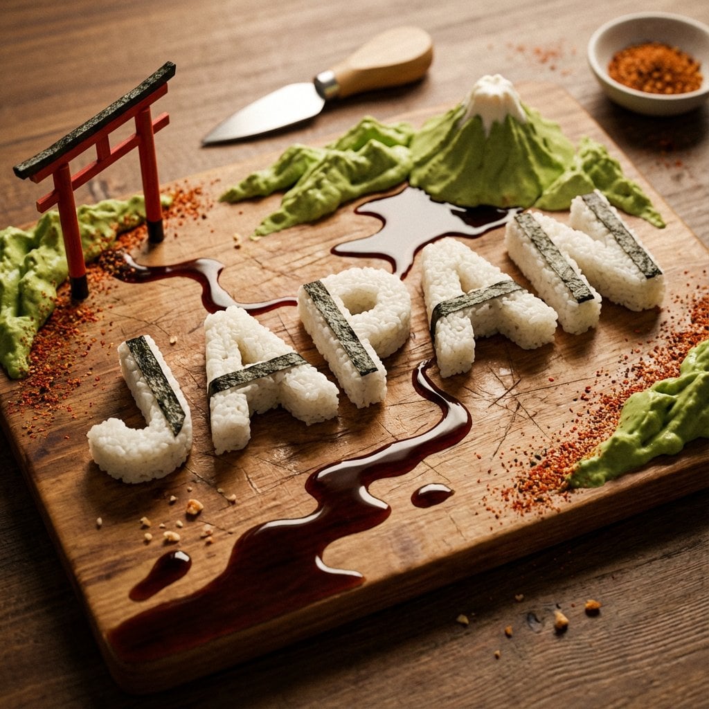 A charcuterie-style board presents JAPAN as an edible sculpture: • Le…