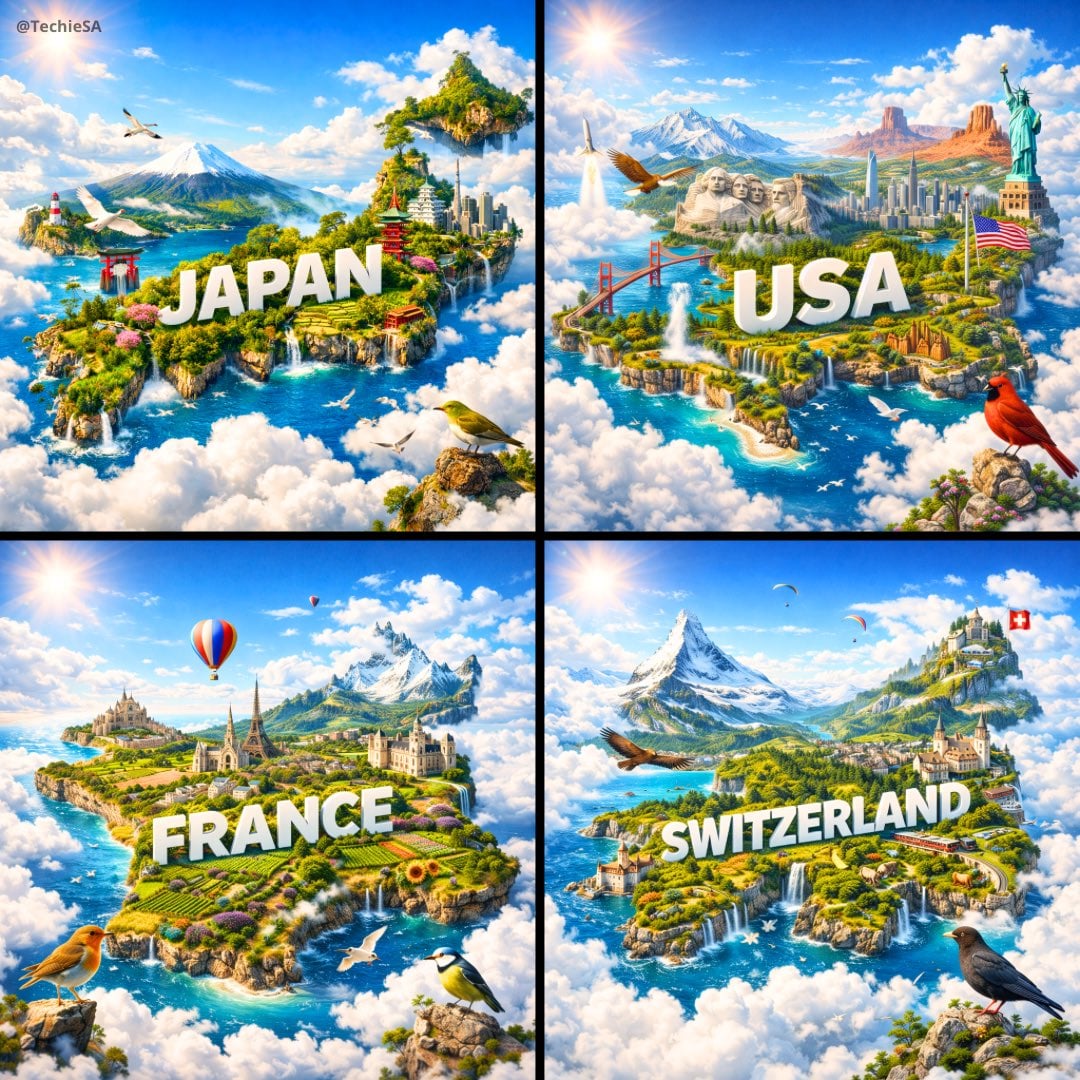 Create an ultra-HD, hyper-realistic digital poster of a floating miniature island shaped like [COUNTRY], rest…