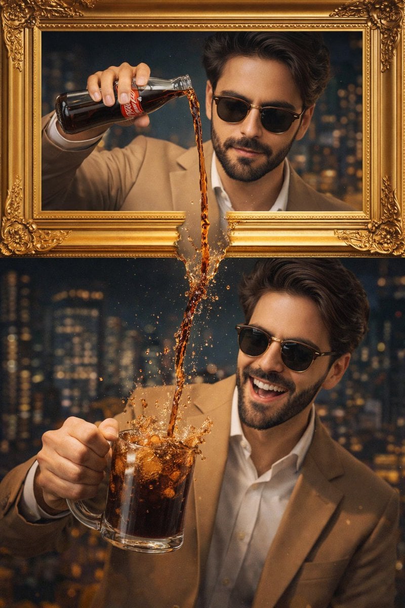 A stylish man wearing a tan suit and sunglasses is featured in a crea…