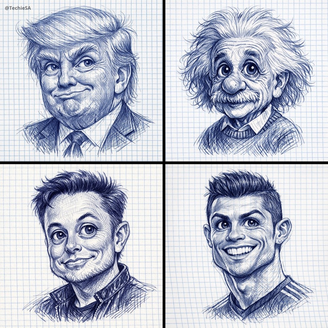 A detailed ballpoint pen sketch of [CHARACTER] drawn on checkered not…