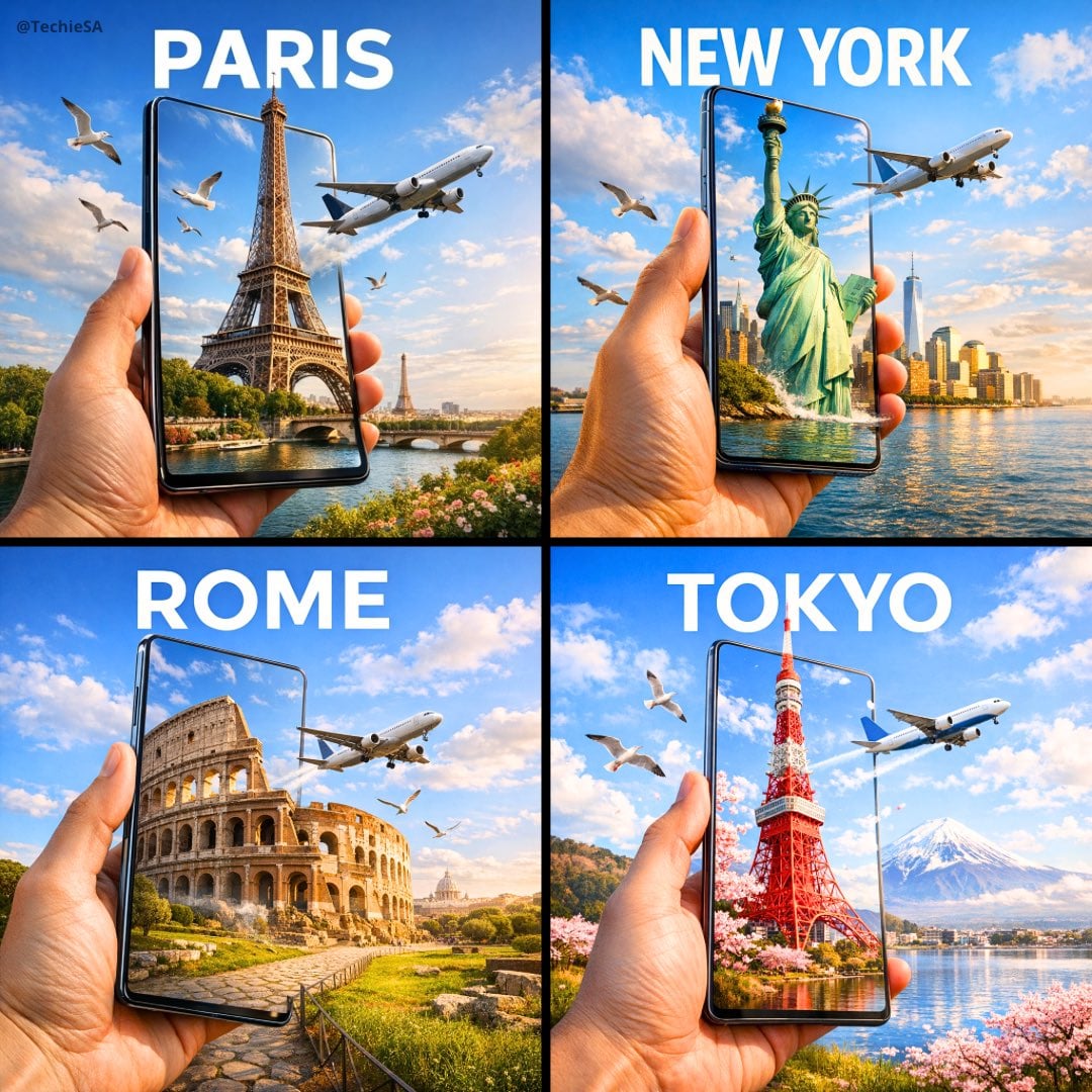 A hyper-realistic travel advertisement in square format (1080x1080),…