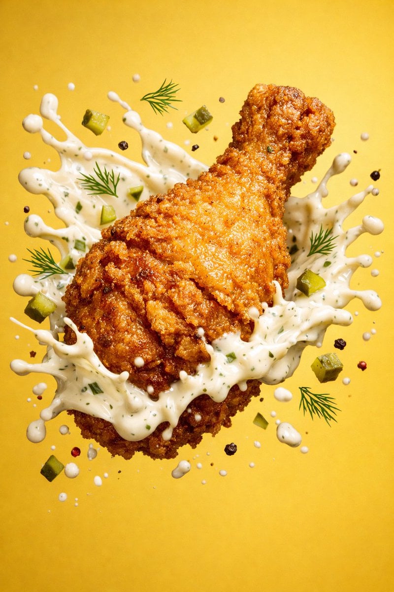 Epic 8K cinematic fantasy food scene: a colossal crispy fried chicken leg rising like a legendary artifact th…