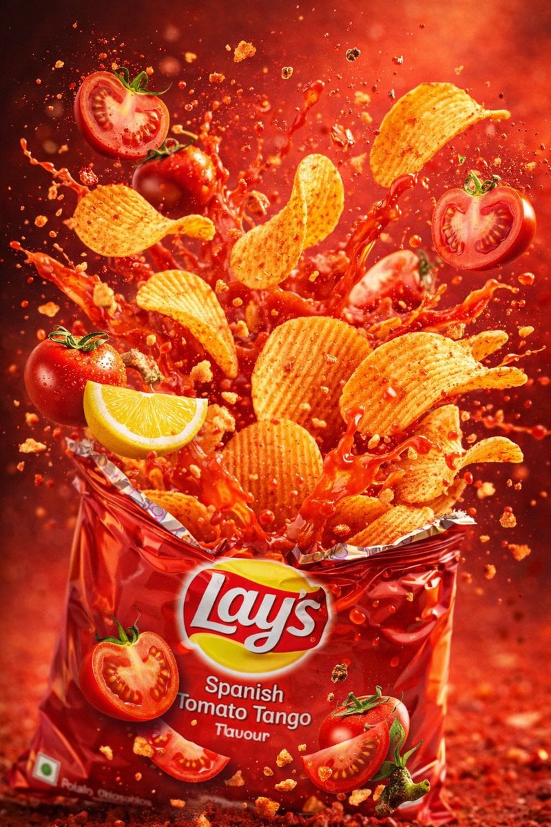prompt name Lays Spanish Tomato Tango Explosion Ultra-realistic commercial food photography showing a red Lay…