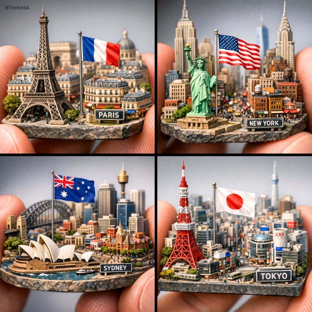 Extreme close-up macro of miniature city diorama [CITY, COUNTRY] on a…