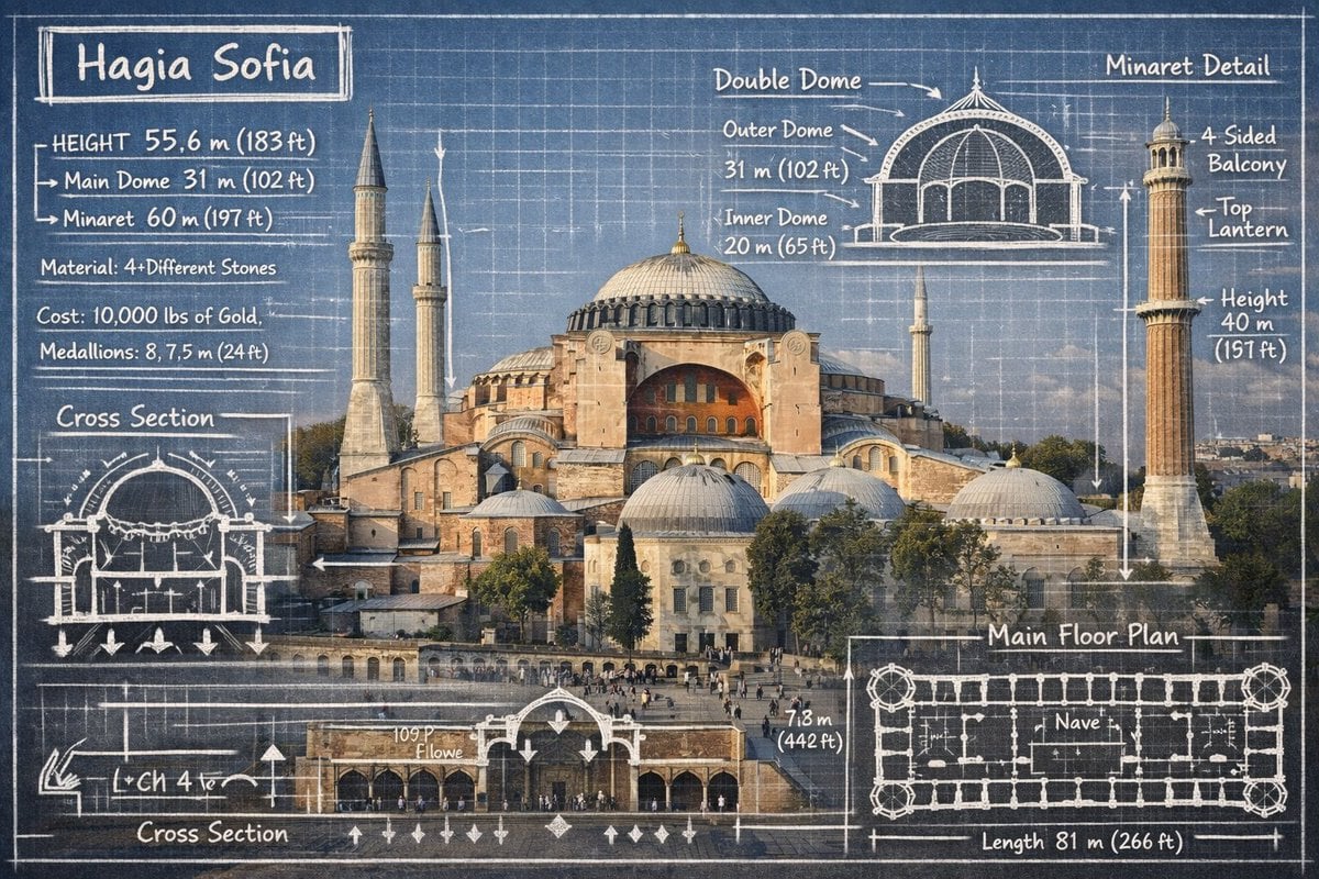 Create an infographic image of [LANDMARK], combining a real photograph of the landmark with blueprint-style t…