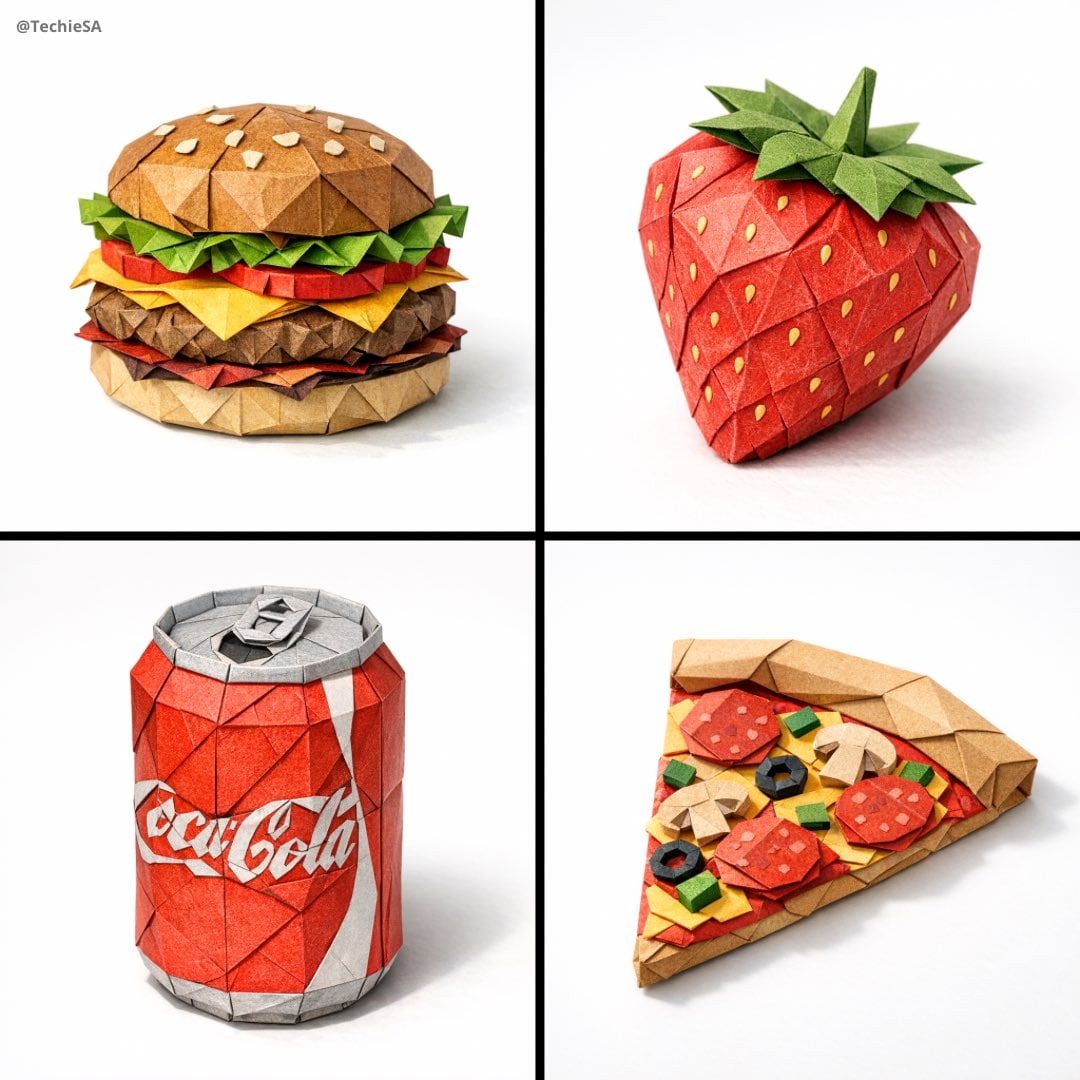 A hyper-detailed origami [FOOD ITEM] folded from realistic colored pa…