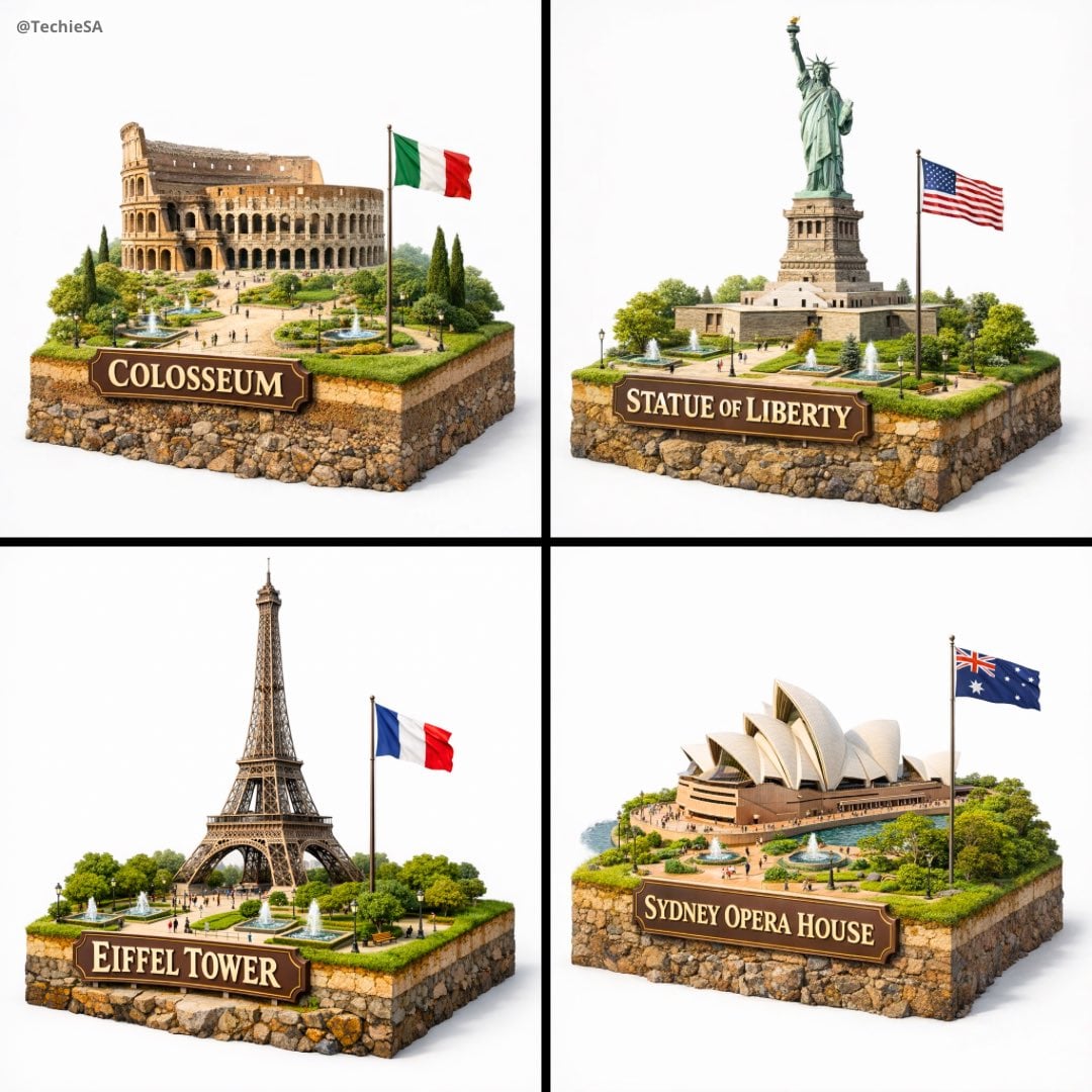 Create a hyper-realistic 3D diorama-style model of [LANDMARK NAME]. T…