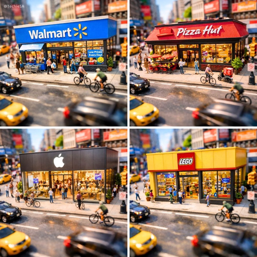A dynamic aerial view of a bustling city street, focusing on a miniat…