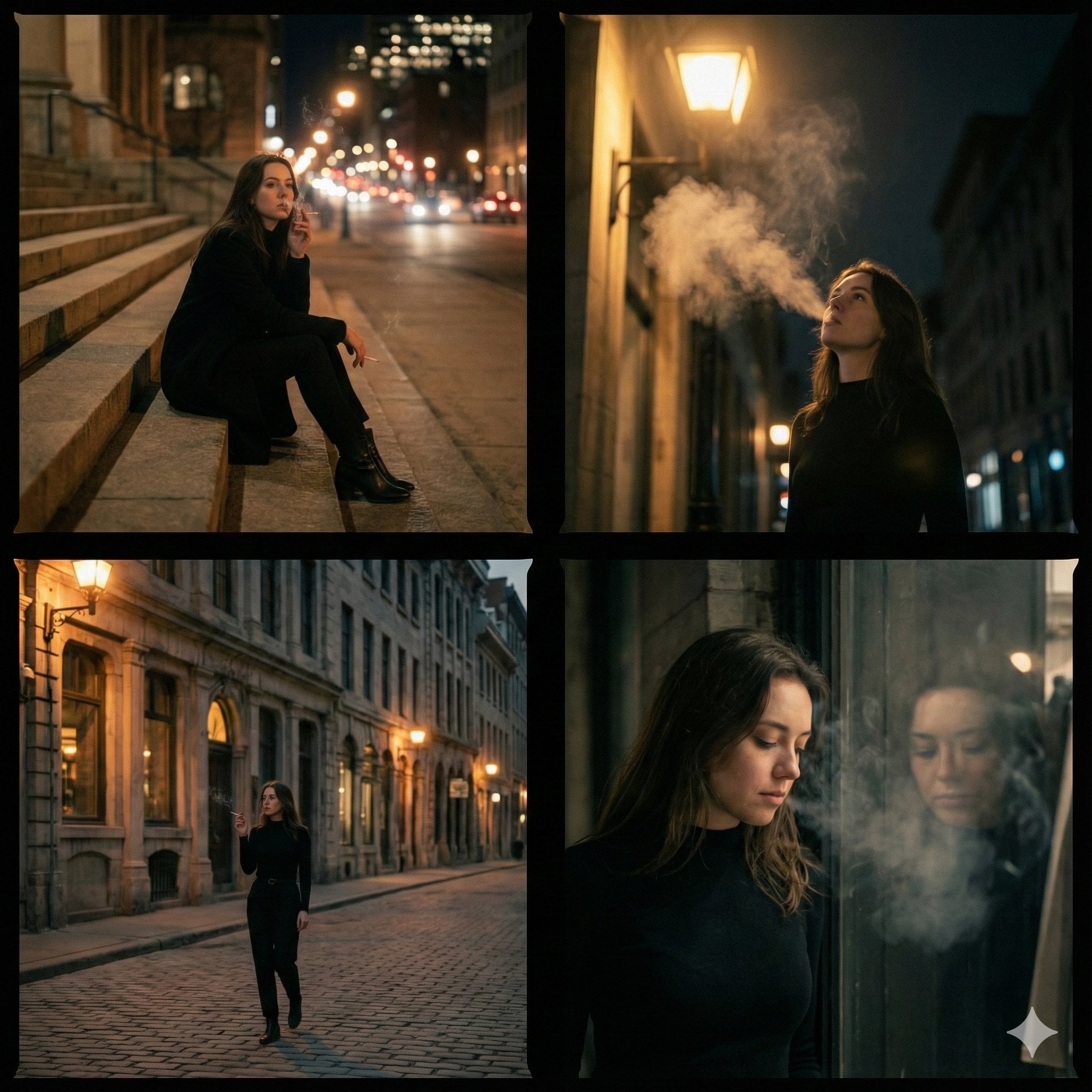 A cinematic 4-panel photo collage showing a quiet, introspective city…