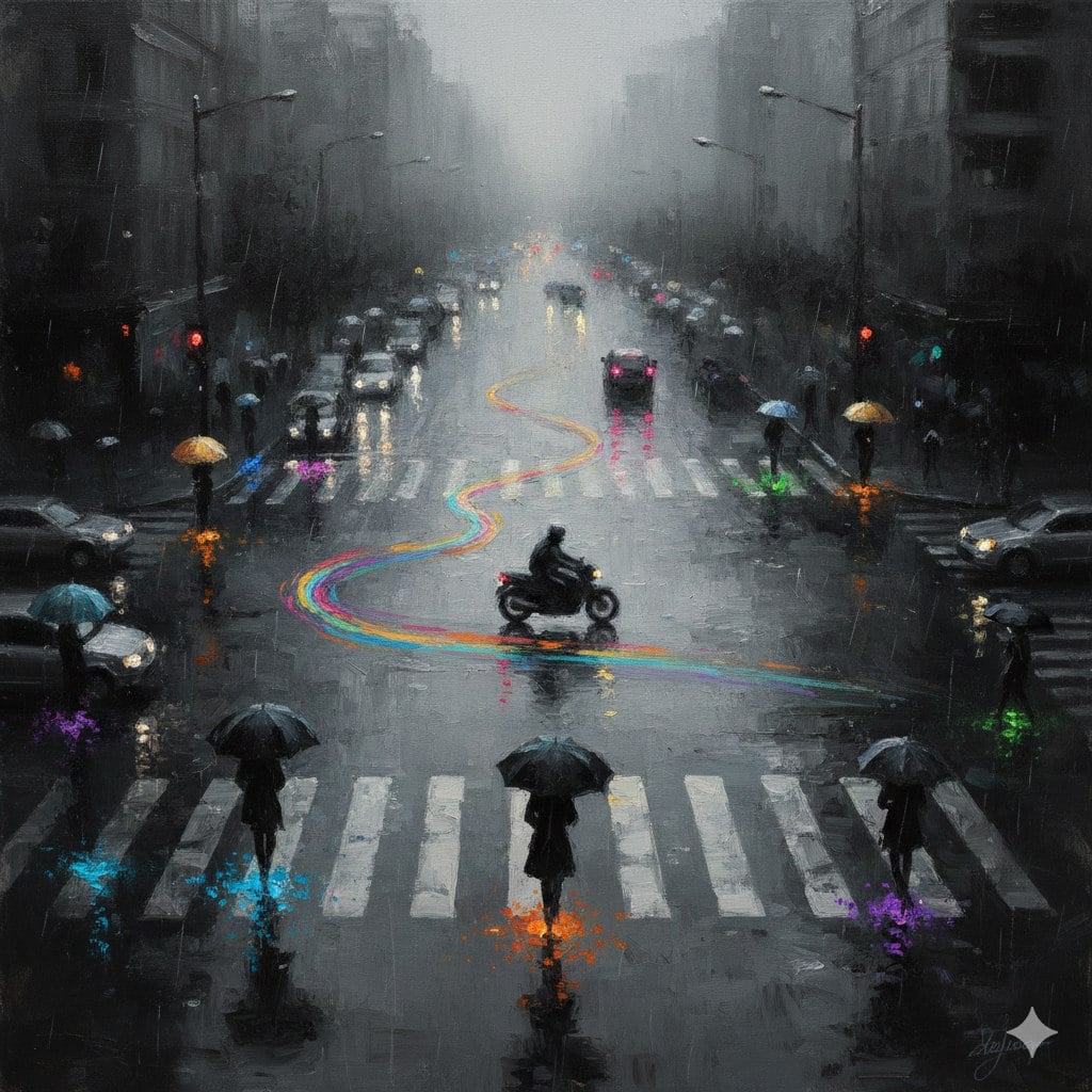 A high-angle, wide-composition Impressionist oil painting of a rainy…