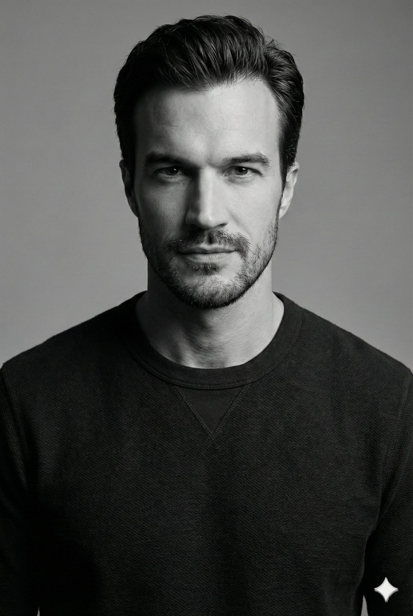 monochrome studio portrait identity same man as reference expression…