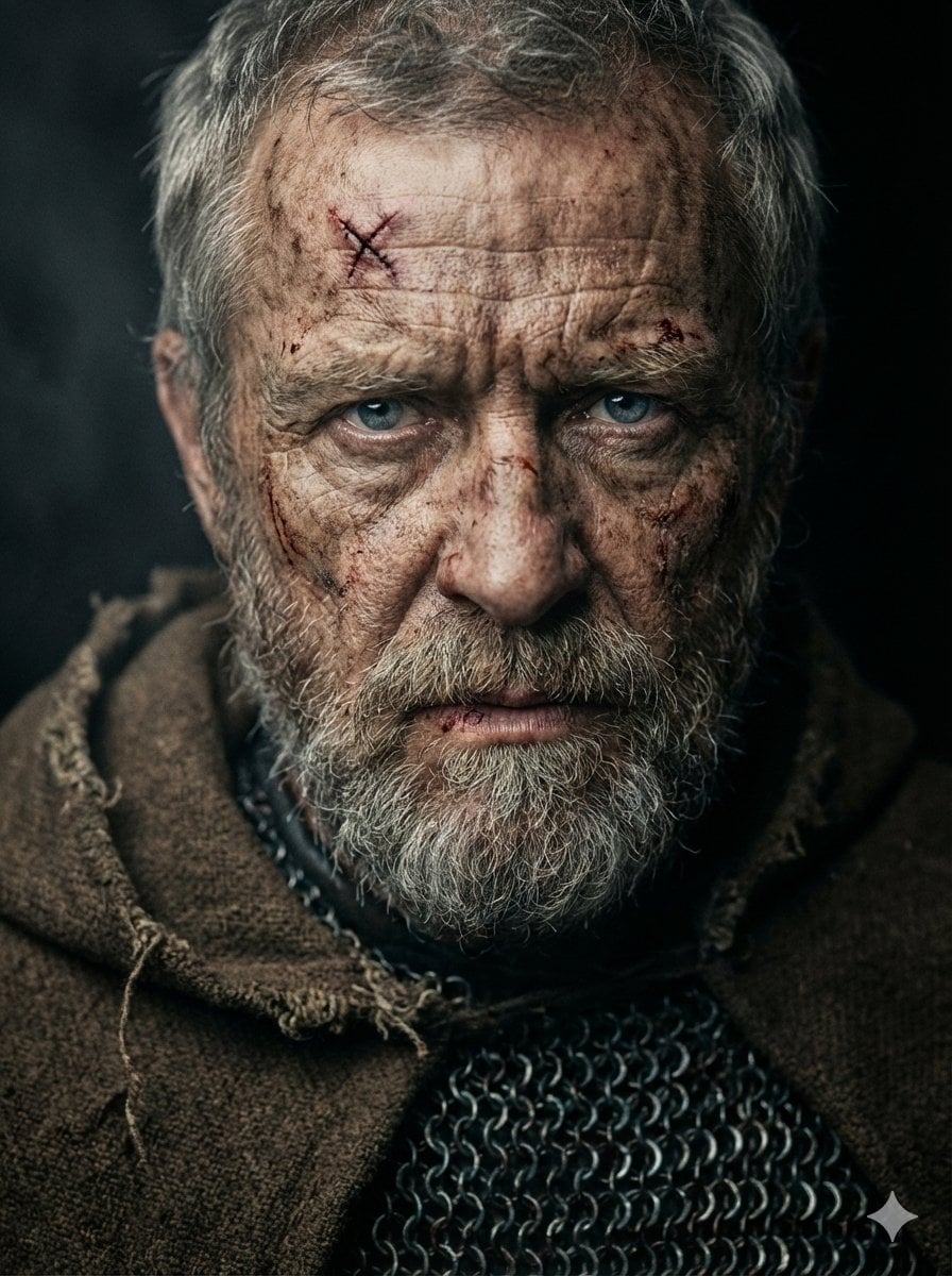 A hyper-realistic, cinematic close-up portrait of a battle-hardened,…