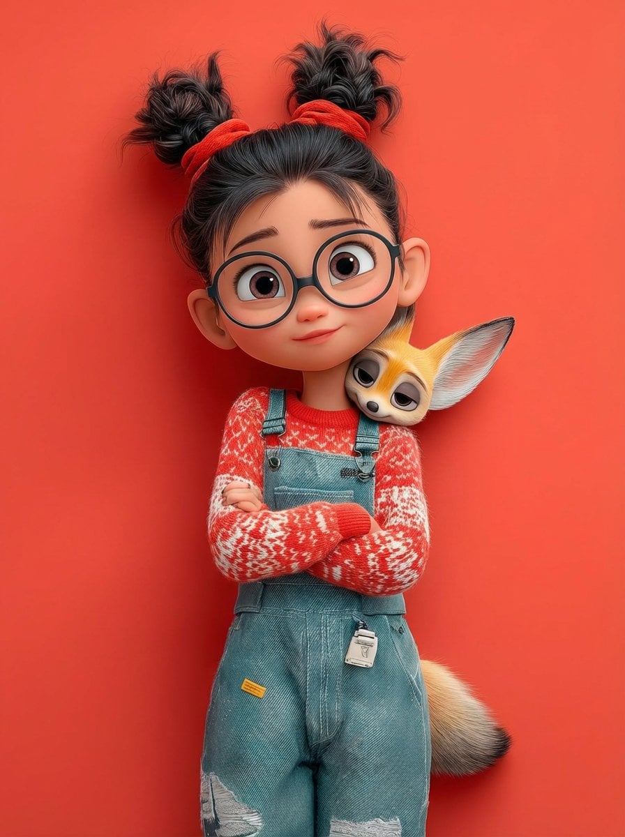A cute 3D Pixar-style character portrait of a little girl with big ex…
