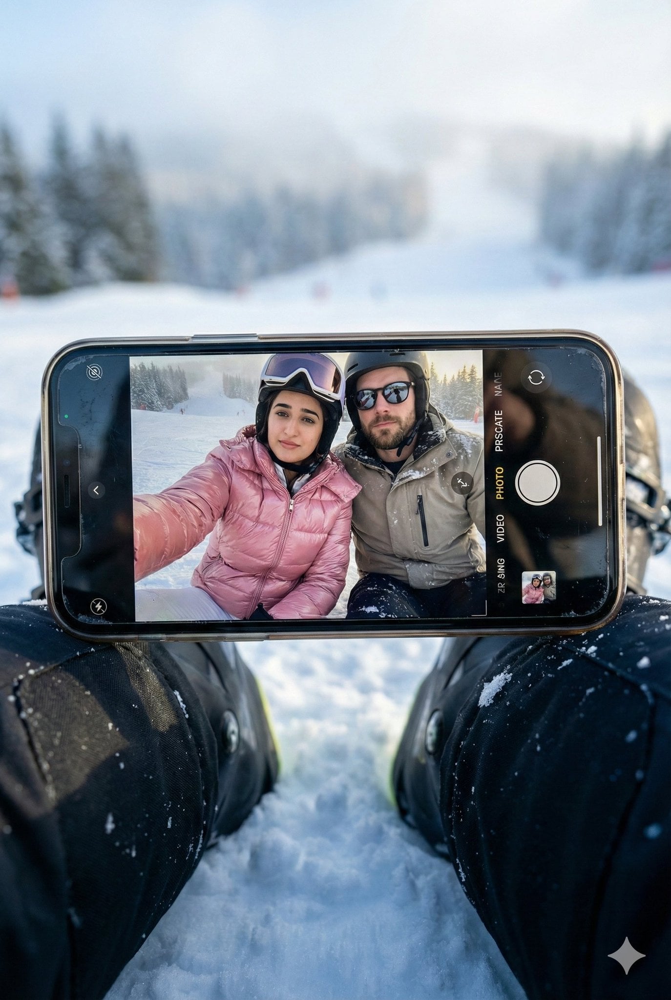 Create a hyper-realistic winter scene in a vertical 3:4 aspect ratio…
