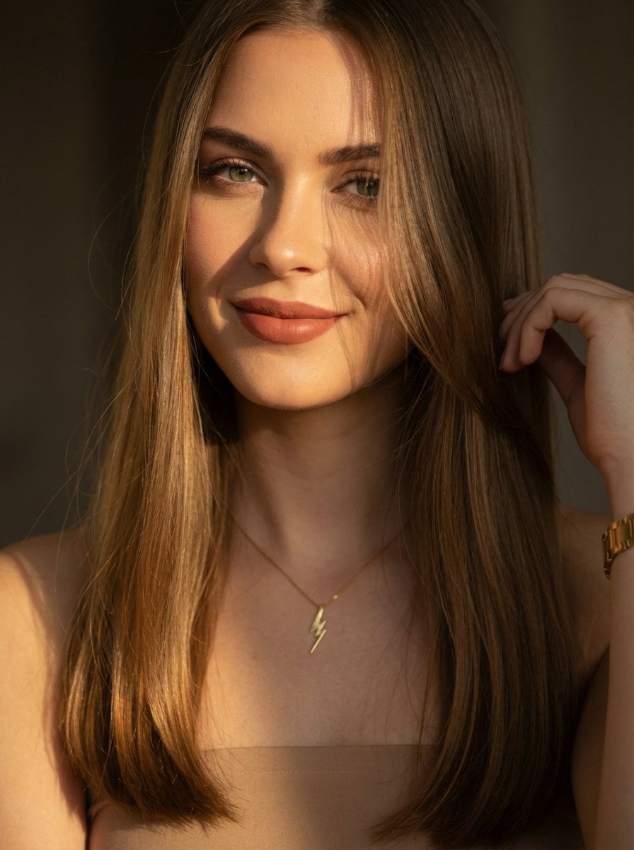 A cinematic close-up portrait of a young woman with long straight light brown hair, soft green eyes, and natu…