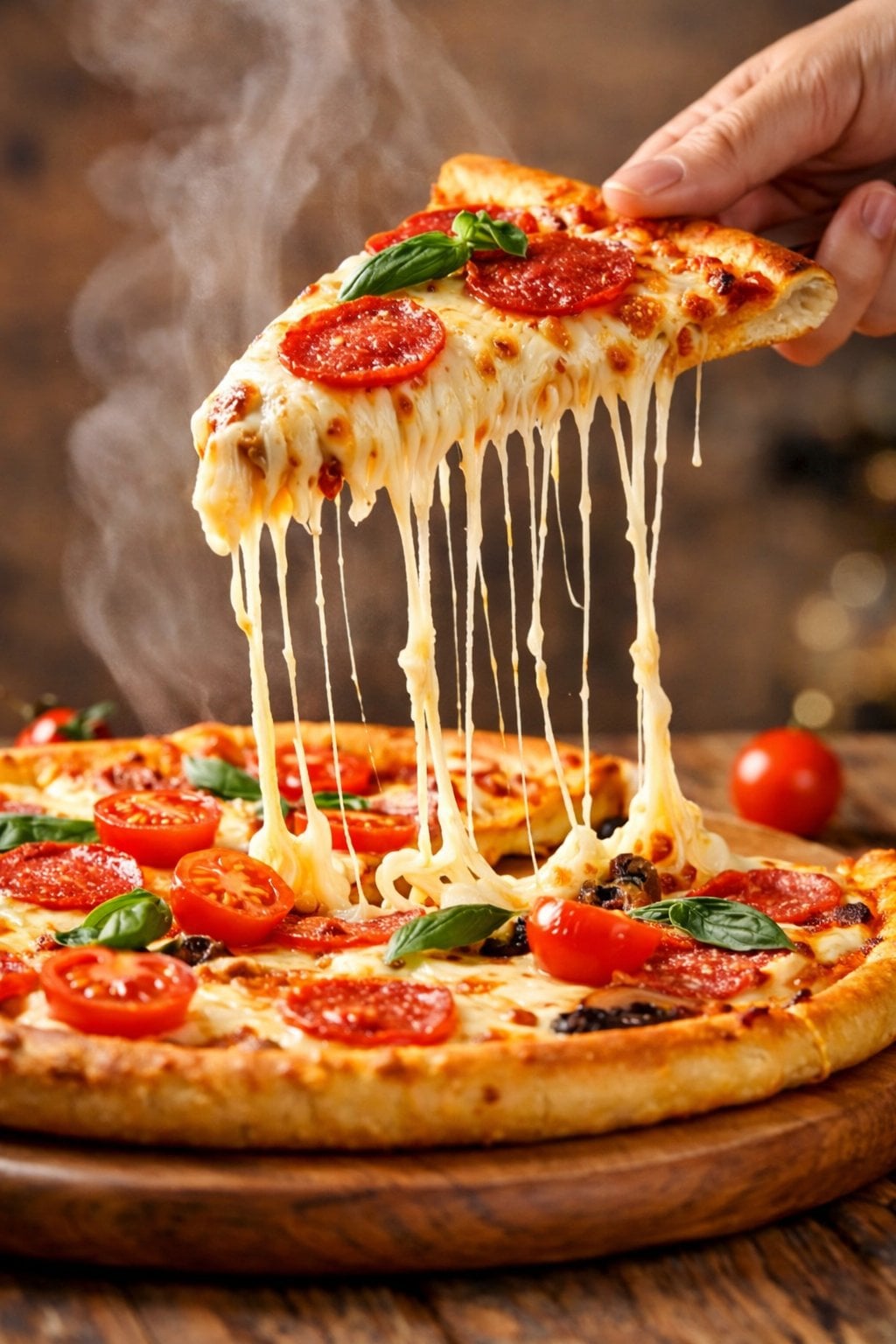 A hyper-realistic, cinematic close-up of a freshly baked pepperoni pizza slice being lifted from the pie, wit…
