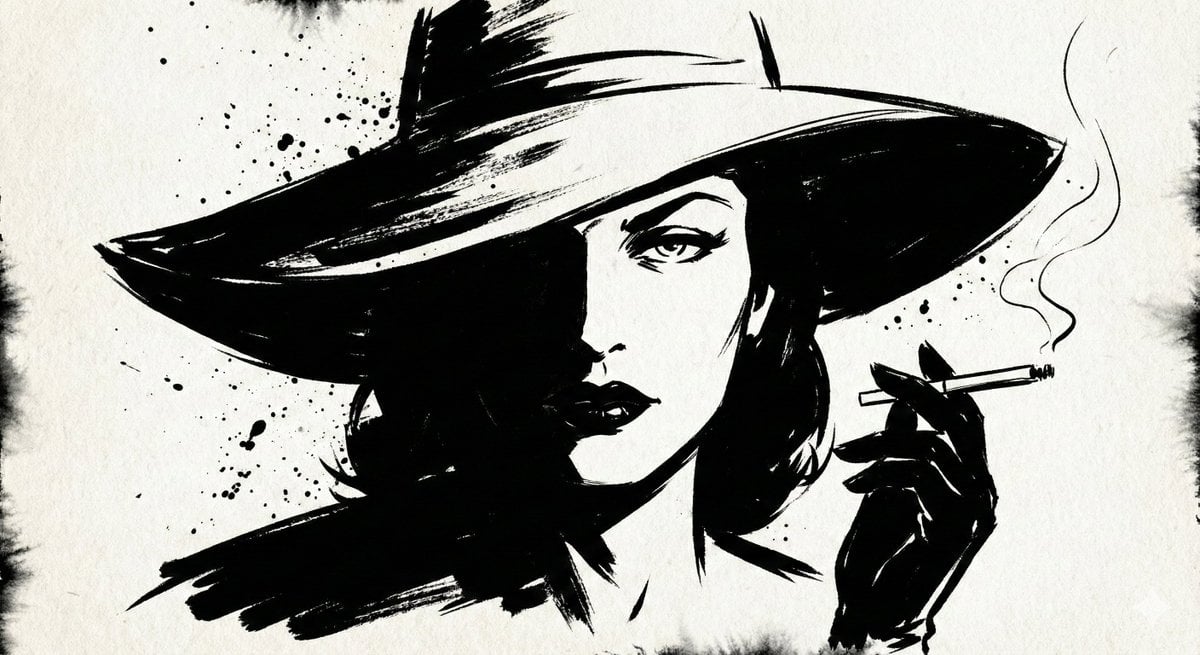 A high-contrast ink noir portrait of [SUBJECT], illustrated entirely…