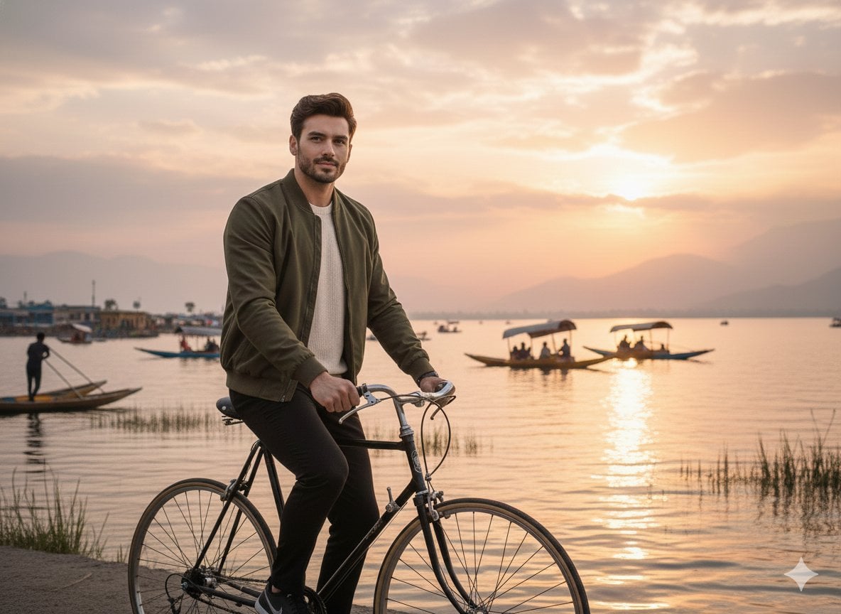 A realistic cinematic photograph of a handsome man riding a bicycle a…