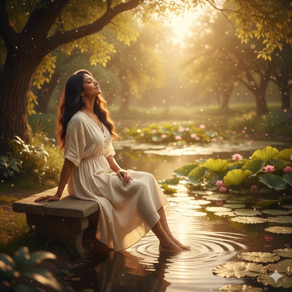 unfolds beside a tranquil pond, where gentle ripples catch the warm,…