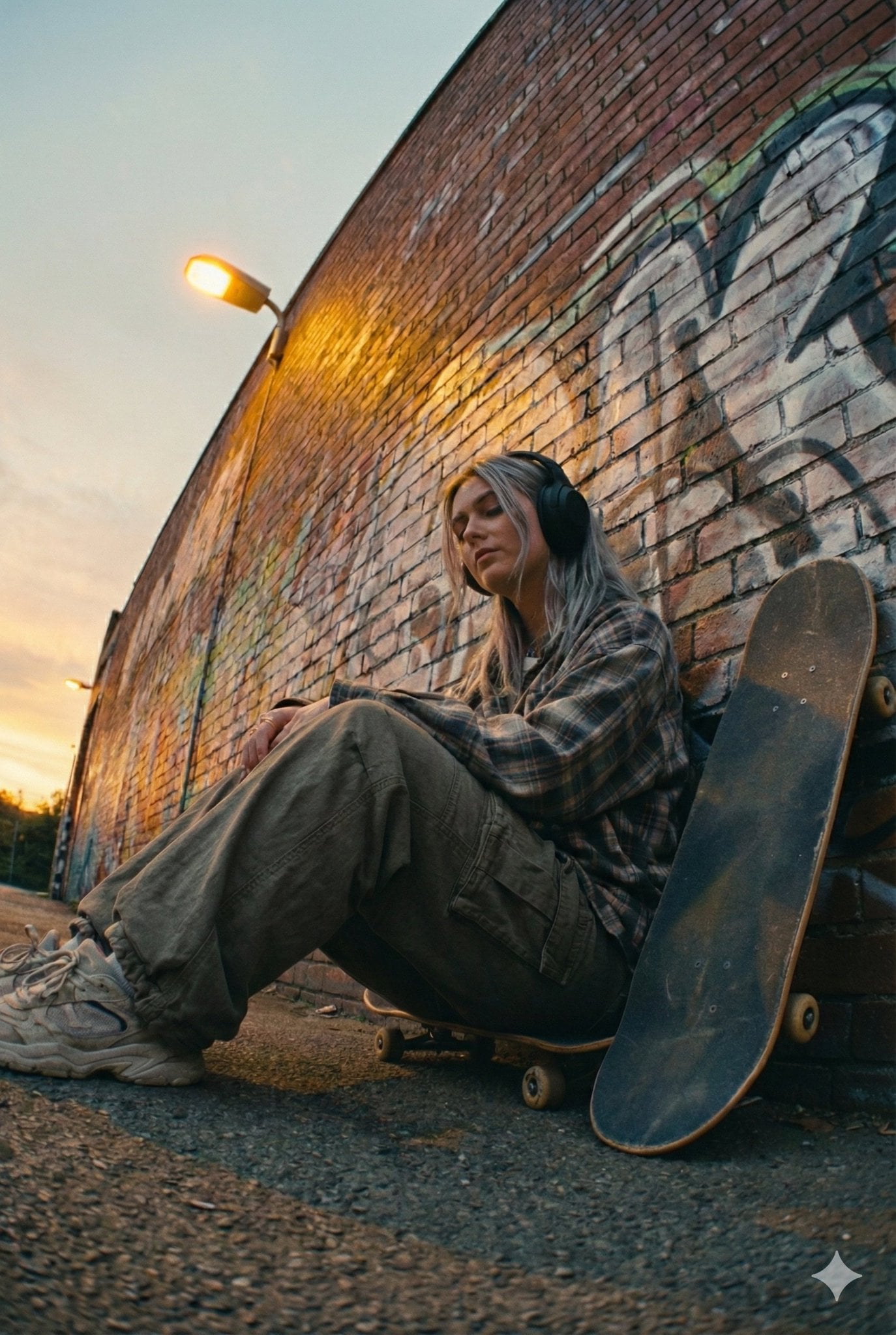 model Nano Banana Pro Urban street corner at dusk beside a brick wall…