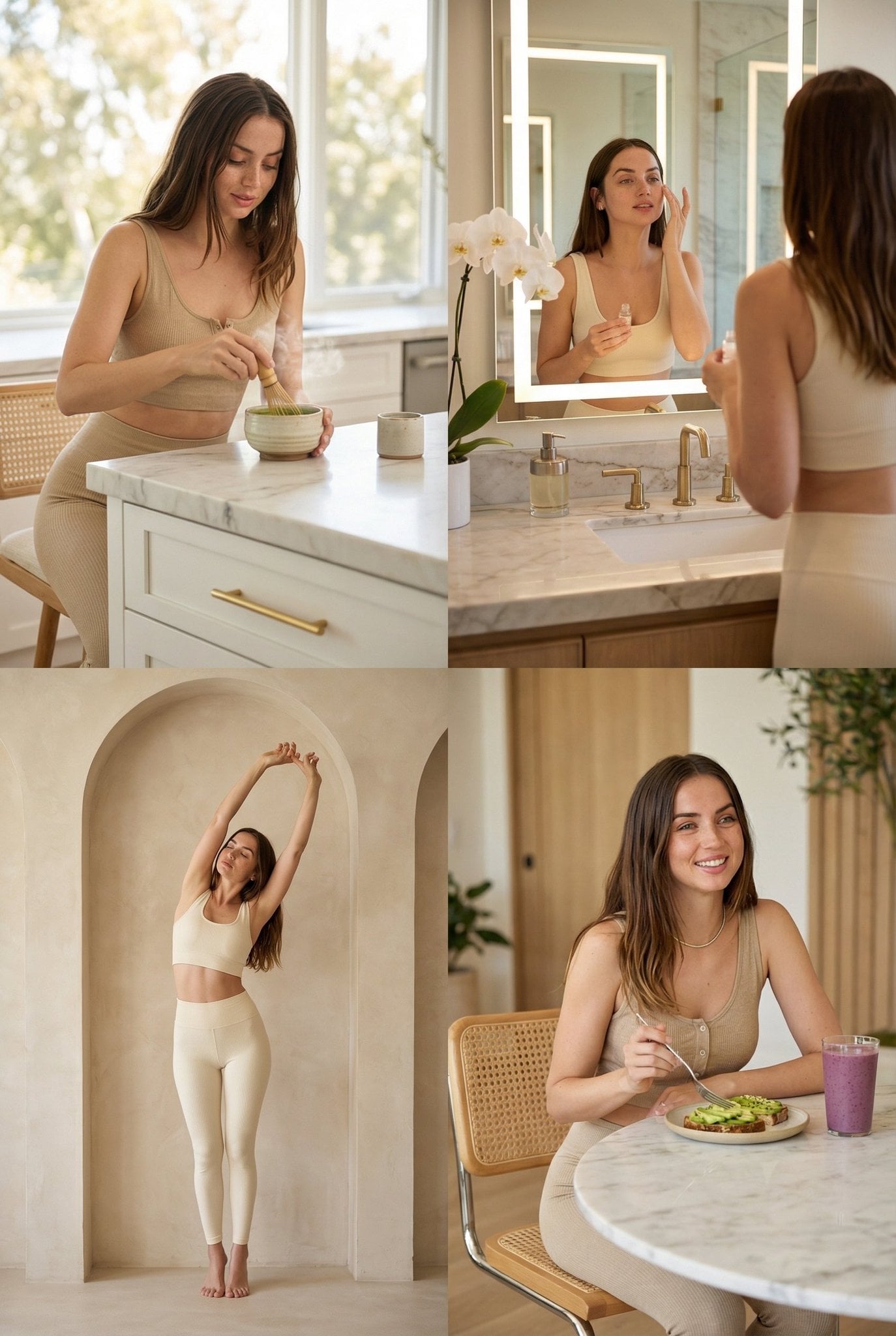 overall theme A curated series of four ultra-photorealistic vignettes showcasing a luxurious wellness-focused…