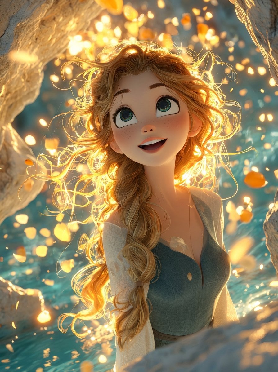 A dreamy, cinematic 3D animated girl with big expressive eyes and sof…