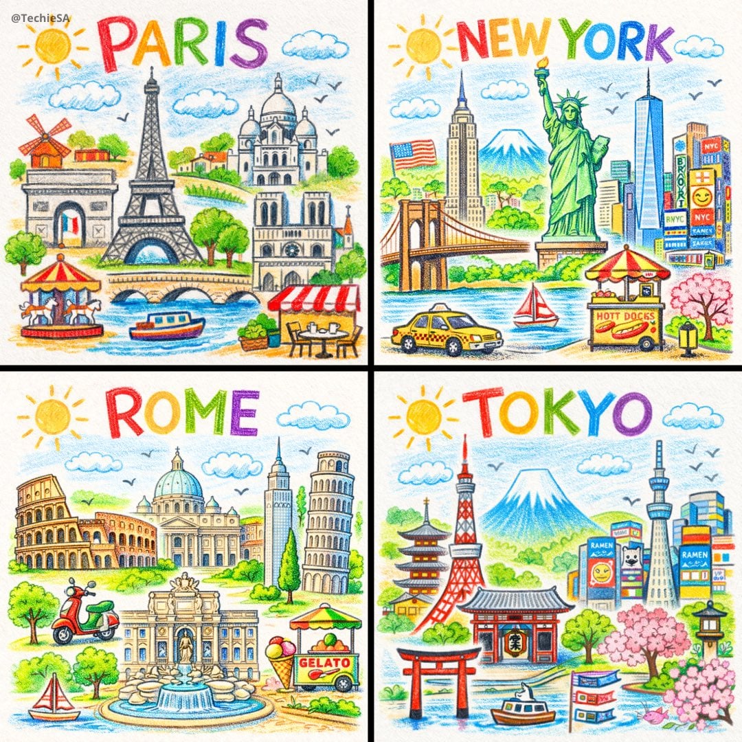 A neat, colorful crayon and colored-pencil drawing of [CITY], featuri…