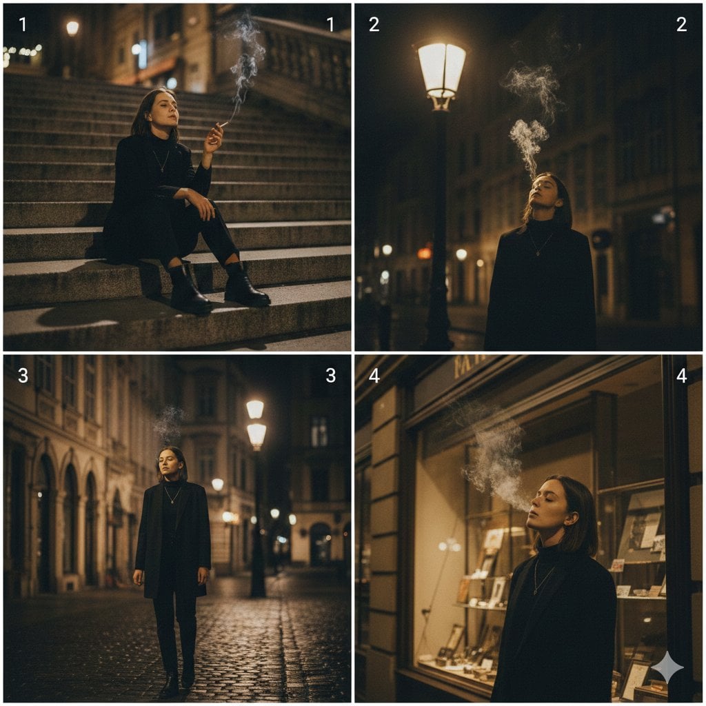 A cinematic 4-panel photo collage showing a quiet, introspective city…