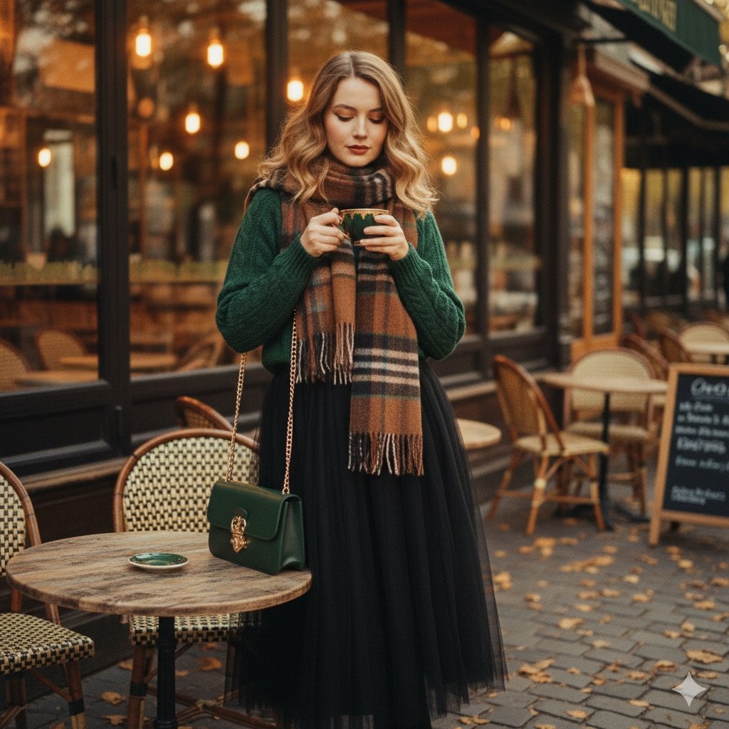A cinematic 1970s-inspired fashion portrait of a graceful young woman…