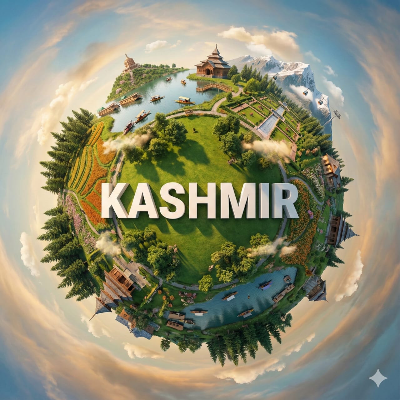 Create a hyper-realistic miniature planet showcasing [KASHMIR] with f…