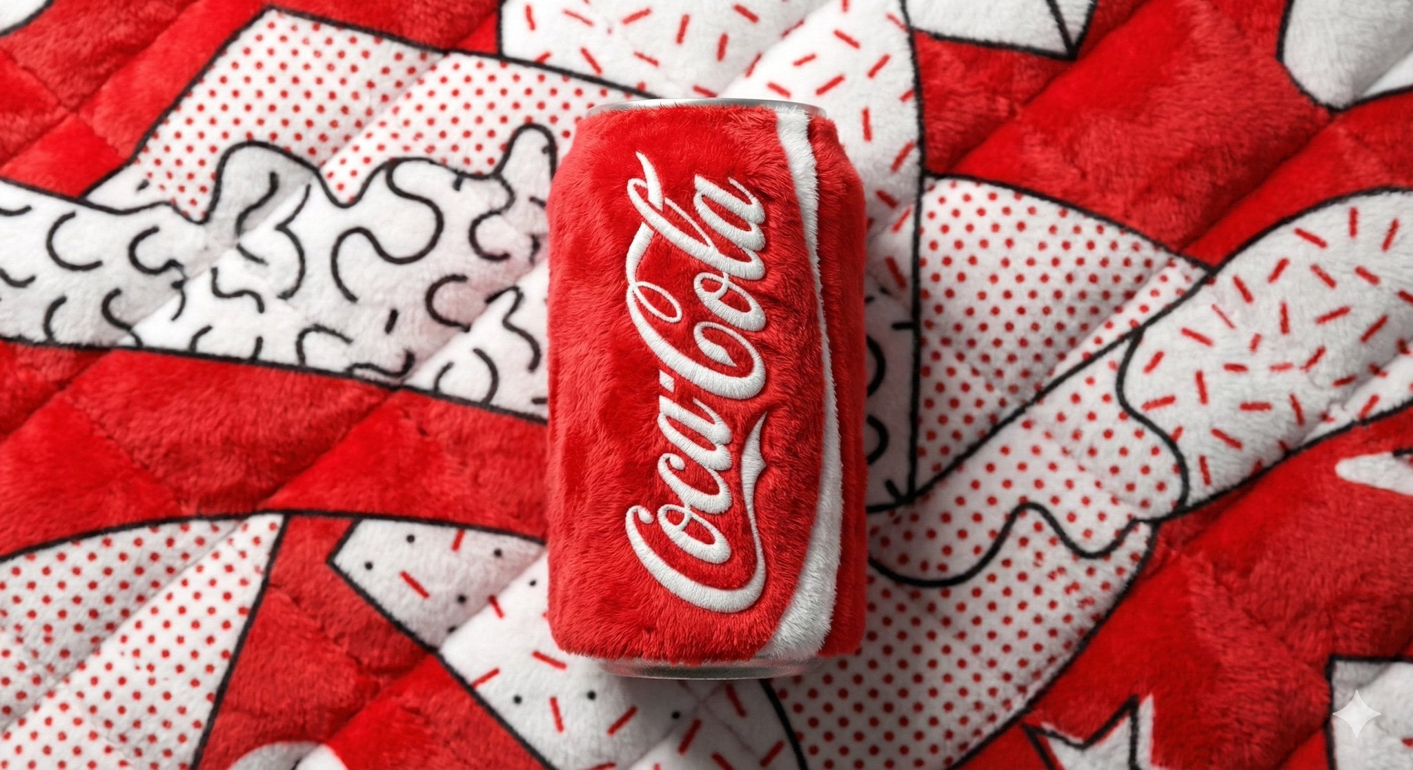 A beverage can branded [BRAND NAME], entirely made from vibrant, fluf…