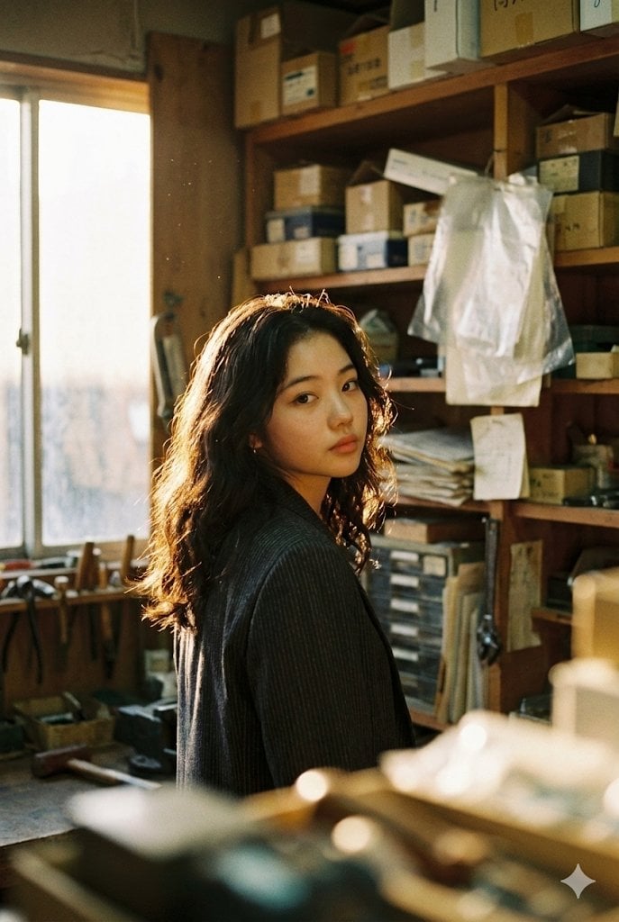 Young East Asian woman positioned in profile turning to look back at…