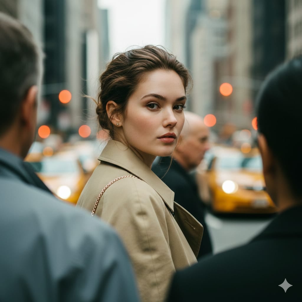 Core Intent: Create a photorealistic candid street-fashion portrait with extreme shallow depth of field where…
