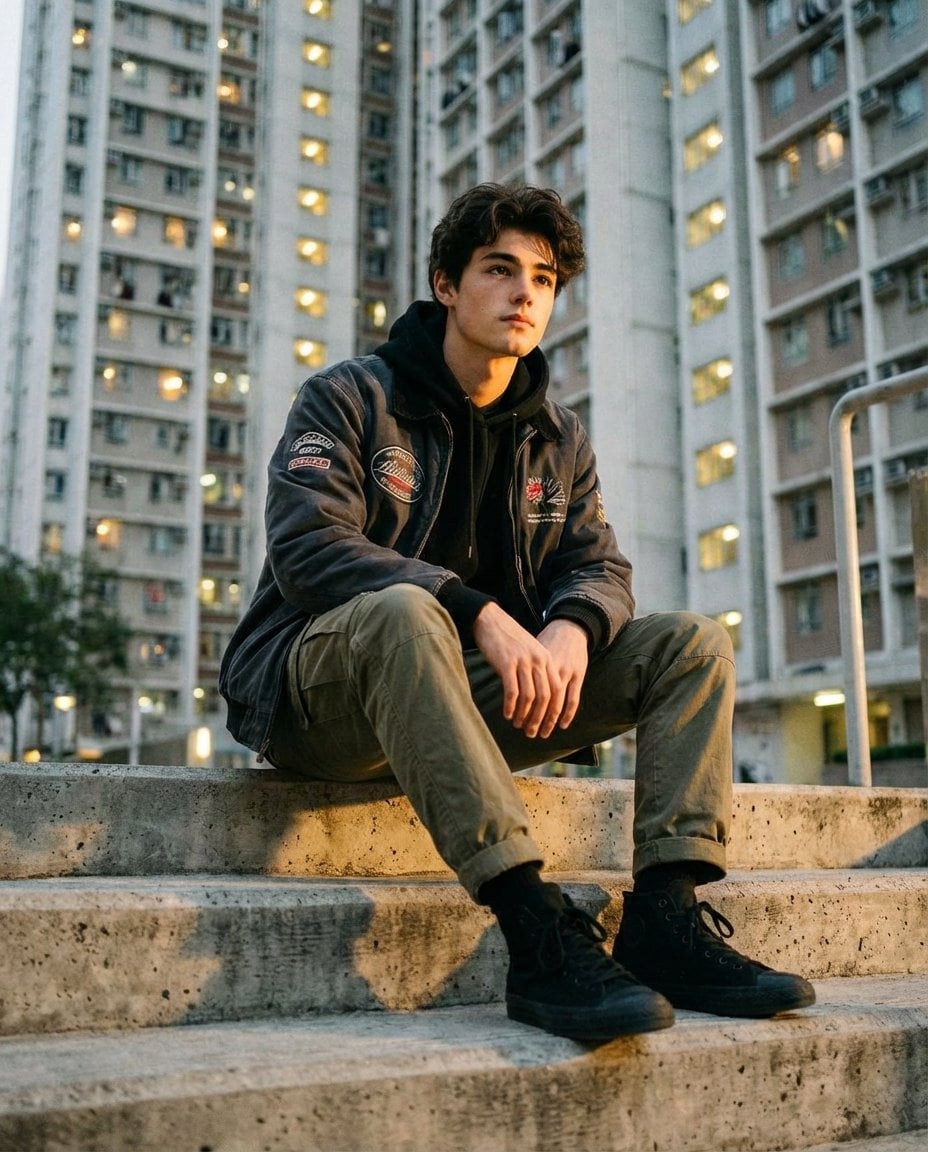 A stylish young man sitting confidently on raw concrete steps inside…