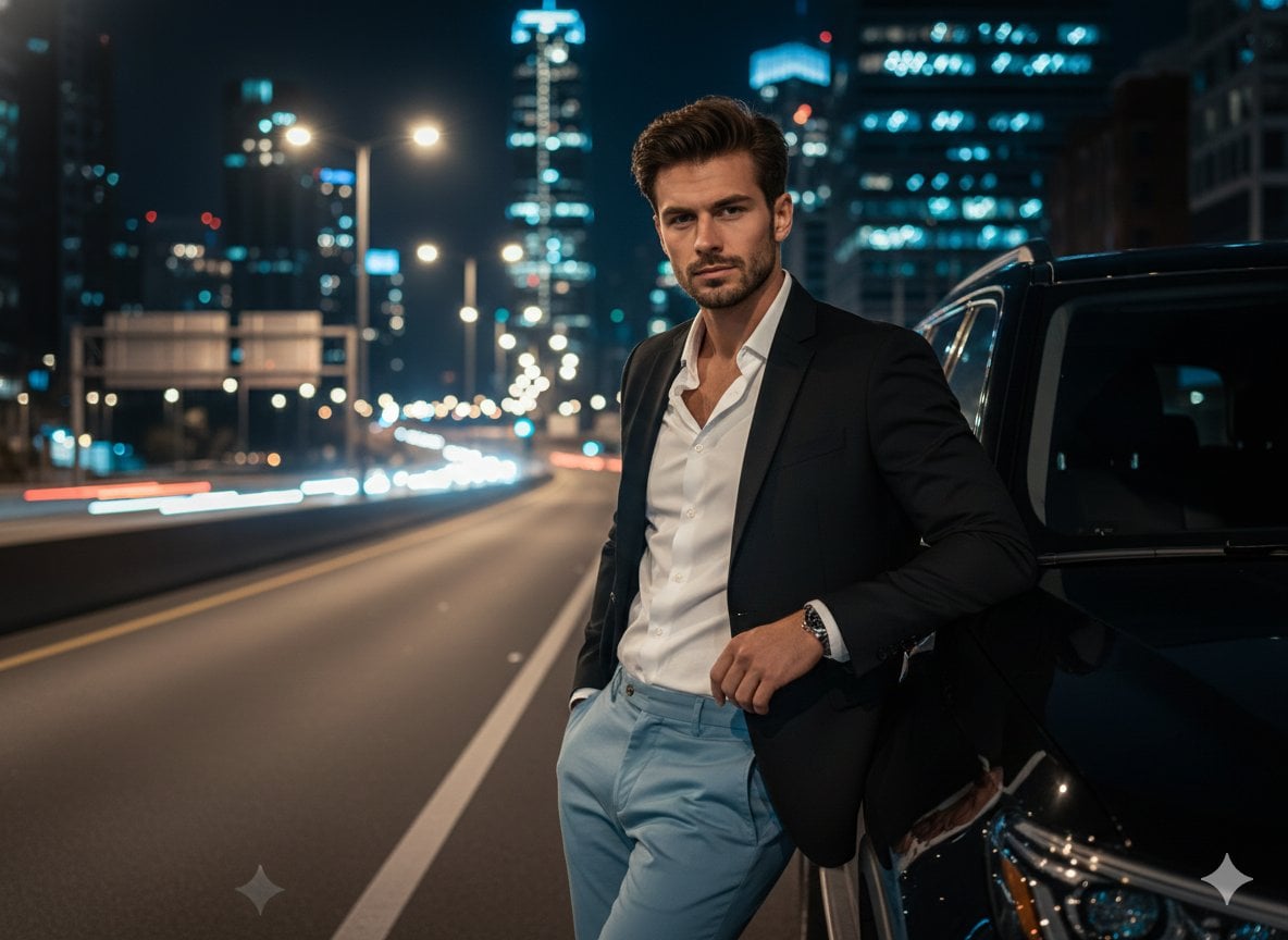 A cinematic night-time urban portrait of a confident, handsome man le…