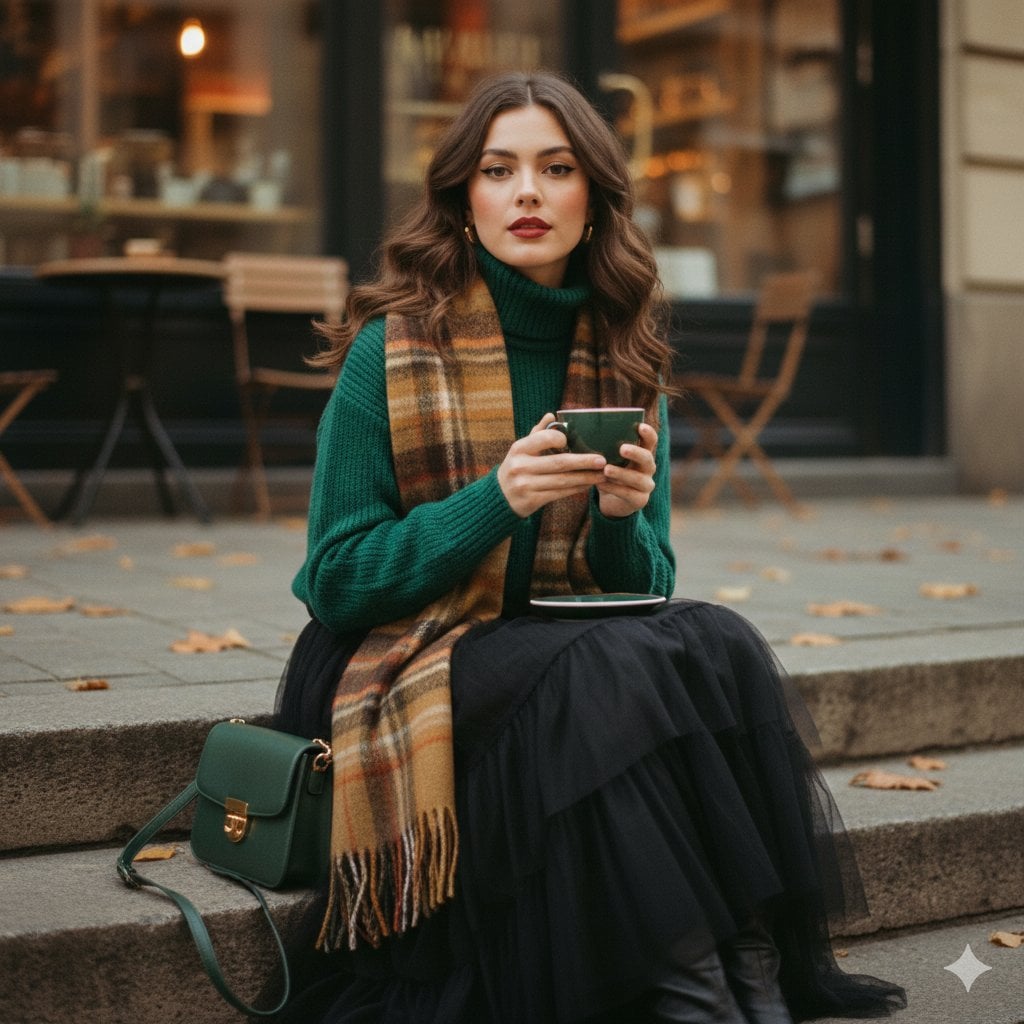 A cinematic 1970s-inspired fashion portrait of a young woman seated on worn stone steps outside a cozy street…