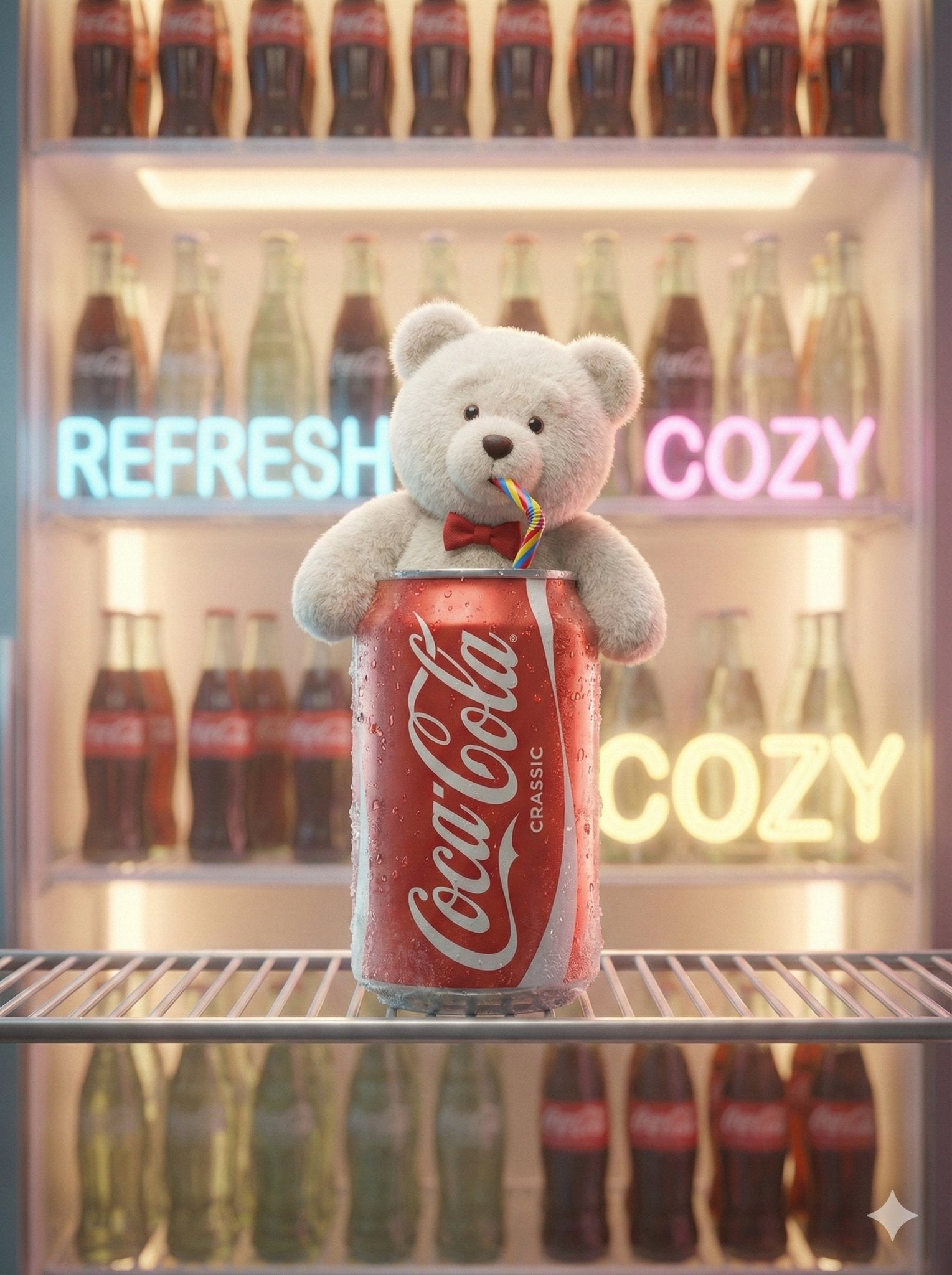 A cute, cinematic brand fantasy scene featuring a fluffy white teddy…
