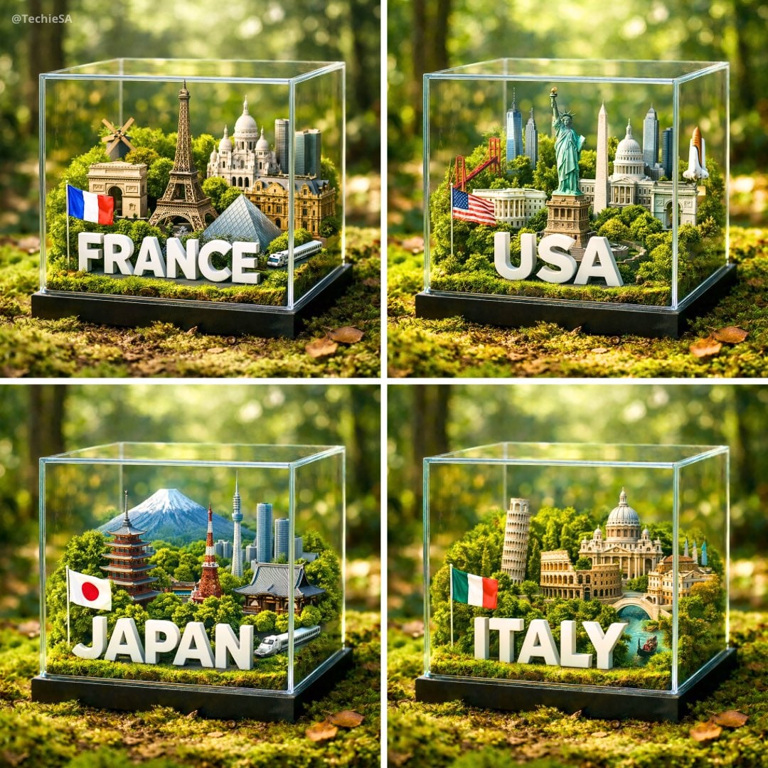 A hyper-realistic 1080x1080 photograph of a glass cube diorama placed…