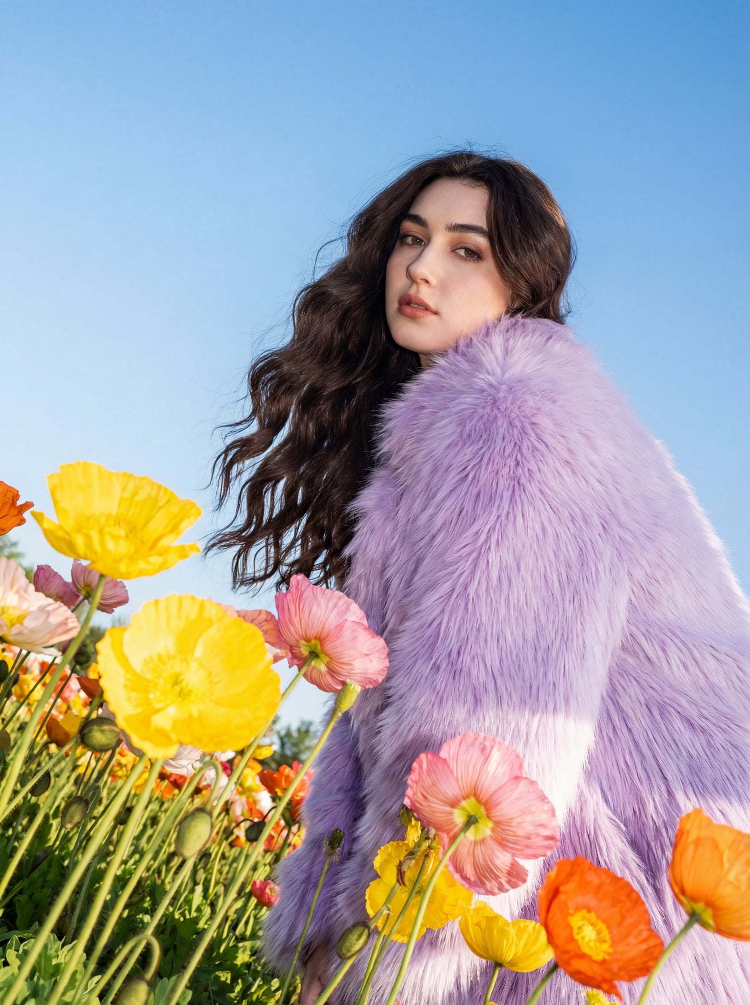 Use this photo attached to create a striking outdoor fashion portrait set in a vibrant flower field during da…