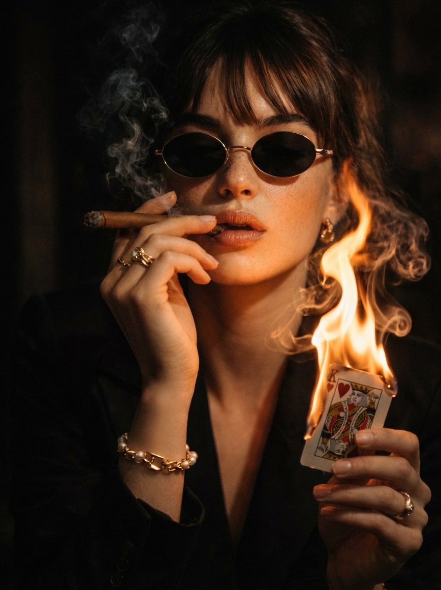 A cinematic, moody portrait of a stylish women in dark suit and oval…