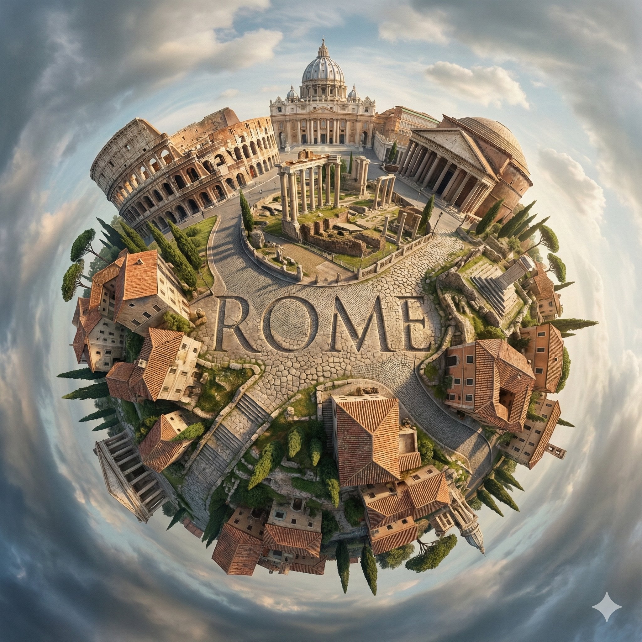 Create a hyperrealistic, surreal spherical panorama of [CITY NAME], w…