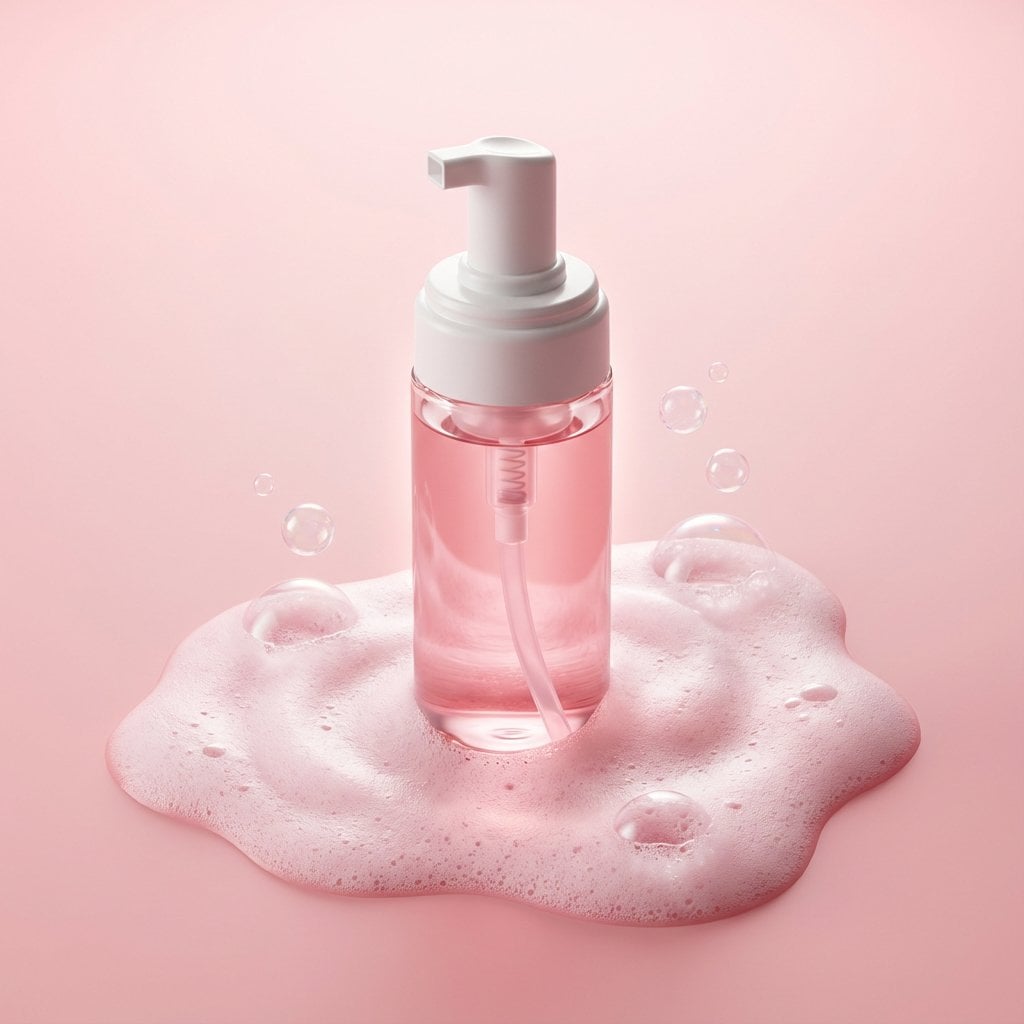 Premium minimalist skincare product photography. A translucent pink l…