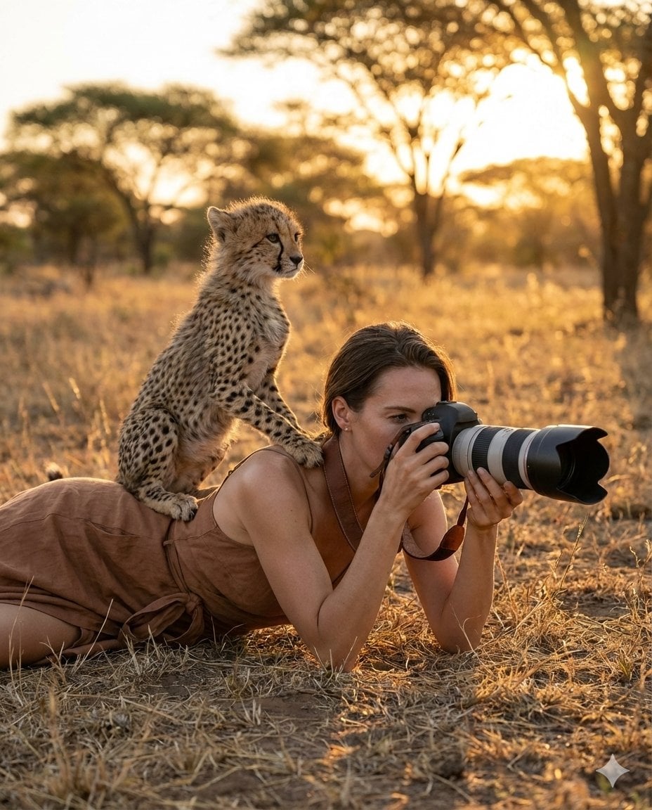 Ultra-realistic wildlife photography scene: An elegant woman in a min…